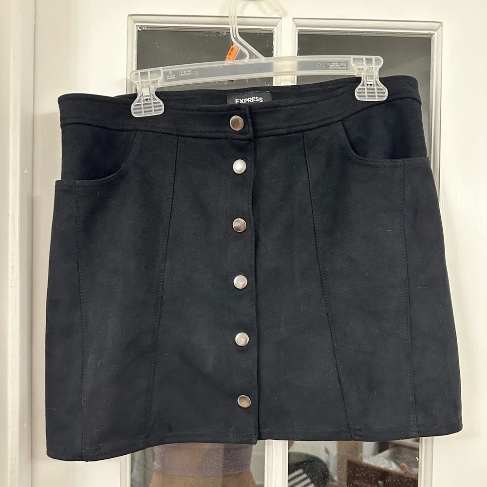Express Black Faux Suede Button-Front Skirt (Size 12)